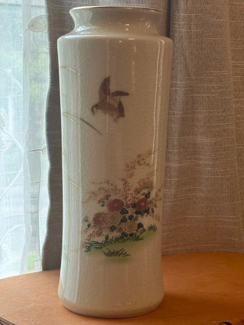 Vintage Otagiri Japan Porcelain Gilt Crackle Glaze Vase Quail Chrysanthemum 11”